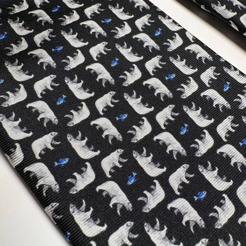 Royal Classic Silk Necktie Black Polar Bear Fish Pattern Animals Winter USA Made